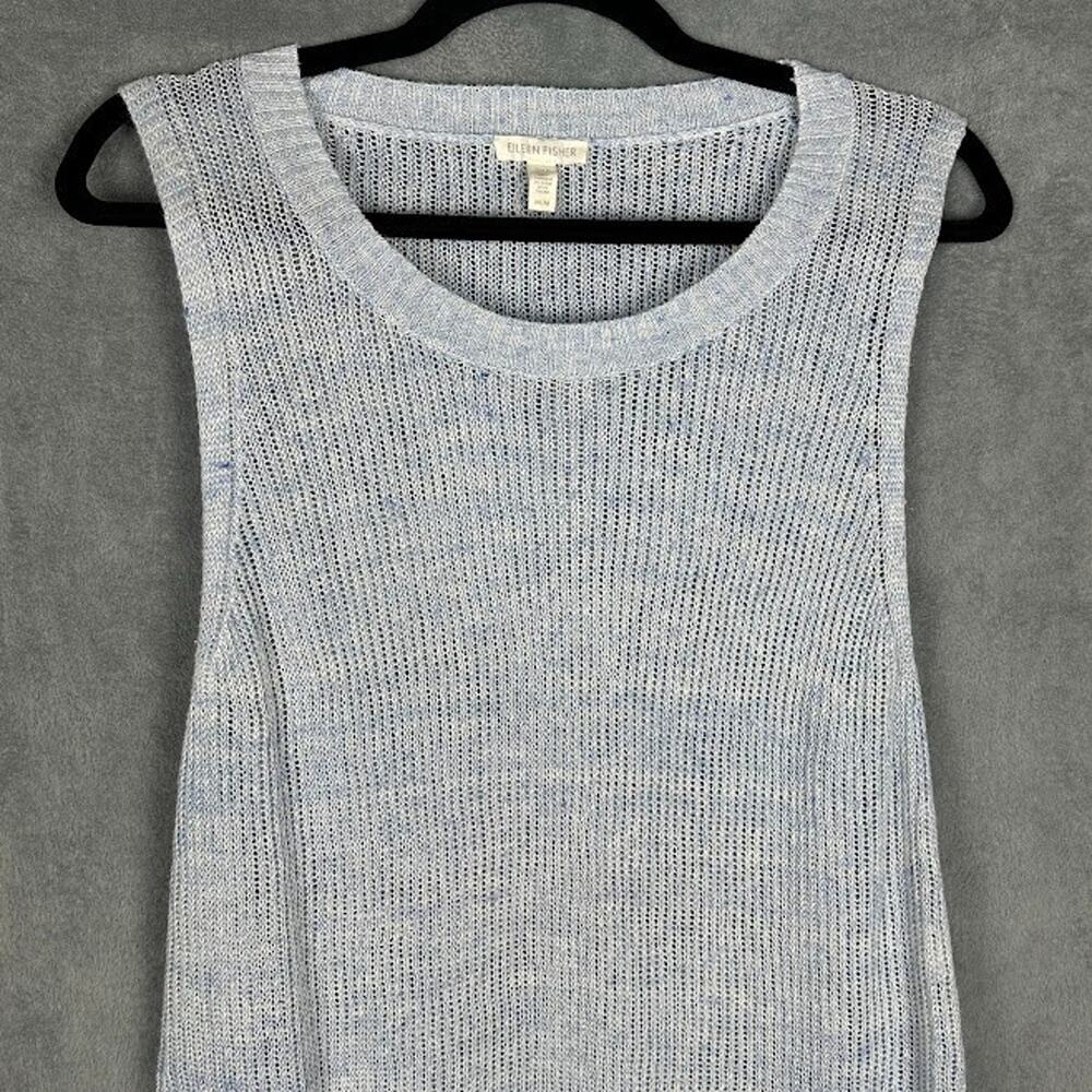 Eileen Fisher Sweater Womens Medium Blue Linen Sleeveless Luxury Resort Preppy - Picture 2 of 12